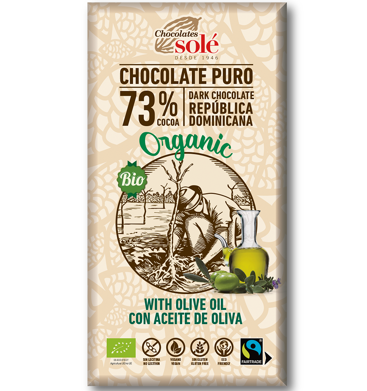 Foto de CHOCOLATE NEGRO 73% CACAO CON ACEITE DE OLIVA BIO 100 GR SOLE