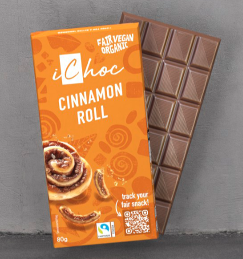 Foto de CHOCOLATE VEGANO CINNAMON ROLL CON CANELA Y TROZOS DE BARQUILLO BIO 80G ICHOC